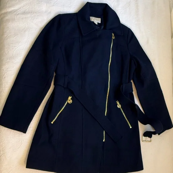 MICHAEL Michael Kors Navy Blue Asymmetrical Trench Coat with Belt   size 8 - Picture 3 of 15